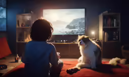 girl watching television with dog and cat on red sheet