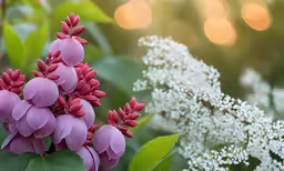 a cluster of purple flowers growing on top of green leaves