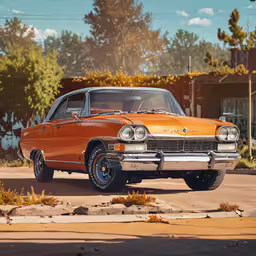 a classic muscle car parked in a lot,an orange car is parked outside in a parking lot