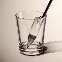a pencil is stuck in the cup while the liquid is being poured