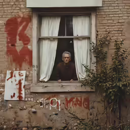 an elderly man looks out of a window at the street