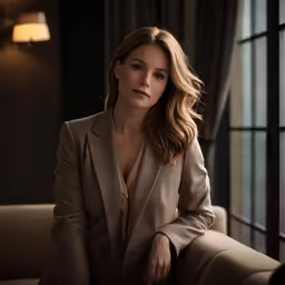 a woman sitting on a couch looking off to the side