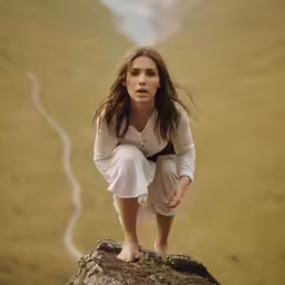a woman is sitting on top of a rock and posing for the camera