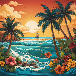 a painting with palm trees and flowers in the foreground,a painting of flowers on a beach with trees