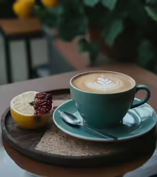 a cup of cappuccino with fruit and other items