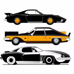 three different cars in black and orange,three different types of muscle cars with orange and black stripes,a black, yellow and white car are shown,a few cars in the same black and yellow tone,three different types of cars are shown in different colors