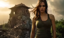 the woman is walking near a rock structure