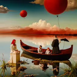 people are on a boat floating in the water,a family riding in a boat with an umbrella