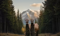two people standing with their hands up looking at a mountain