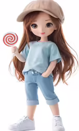 a girl doll standing and holding a candy bar