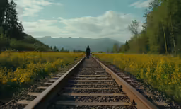 the person is walking down the train track
