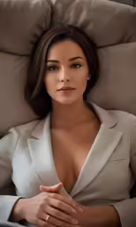 a woman laying in a chair with her hands on her chest