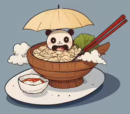 an image of panda bear eating noodles,panda in the bowl with chopsticks next to it