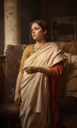 a woman wearing an indian sari standing on a couch