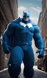 a man dressed in blue is posed with his batman costume