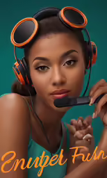 the girl is wearing earphones and a headset