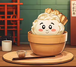 a cartoon character is poking out of a bowl of food,this cartoon has chopsticks in a small bowl