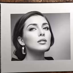black and white photograph of a woman wearing earrings