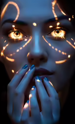 a girl with glowing make up on her face, covering her mouth