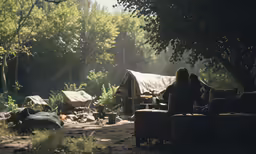 a couple sitting on chairs in front of a camp site