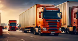 two big trucks are parked on the street,a semi - trailer driving down the road with trucks nearby