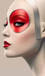a woman with makeup and red eyes and a futuristic costume