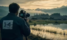 a man is taking a photo of a beautiful scene