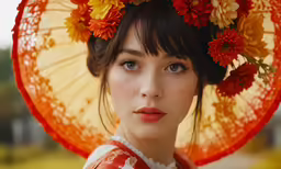 the girl with a decorative umbrella hat poses for a photo