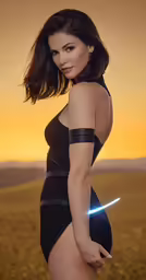 a woman in a black one piece with a light saber