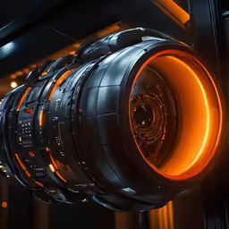 the inside of an industrial tunnel with glowing tubes