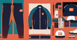 a selection of mens sportswear and footwear in an arrangement,an assortment of clothing and apparel arranged on a table