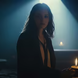 a woman holding a lit candle with some light from the top