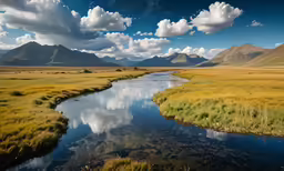 a beautiful view of some hills and a river