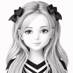 a black and white drawing of a girl with long blonde hair