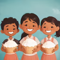 three children holding cotton cupcakes with frosting on them