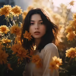 a woman in white standing near yellow flowers