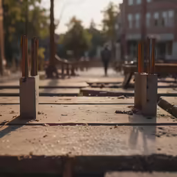 broken concrete blocks on a side walk near buildings