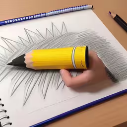 a pencil and a sharpener are on the paper,a person holds a yellow pencil in their hand next to a drawing of eyelashes