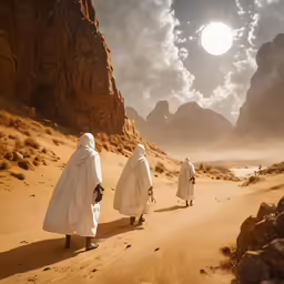 three people walk down the desert in white robes