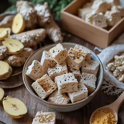 an assortment of food sits on a table next to wooden spoons