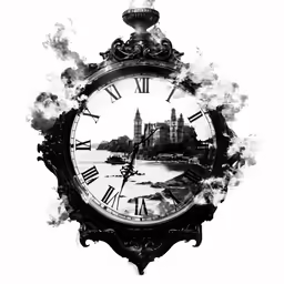 a clock with a picture of a large building in the background