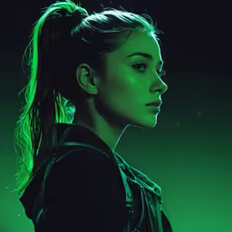 a woman is looking into the distance in a green light,a girl with ponytail and piercings standing against a green backdrop