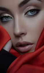 woman with red scarf draped around her head