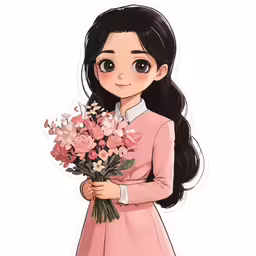 a little girl with long black hair holding some flowers
