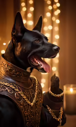 a dog dressed in an armor and crown