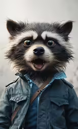 a small raccoon looks like someone in a leather jacket