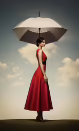 a woman in red holding an umbrella up in the air