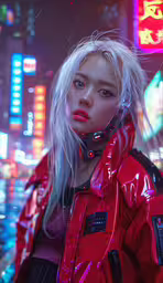 an attractive young lady with blonde hair in the rain,a woman in a red coat stands in a city
