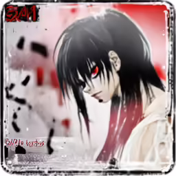 the girl with red eyes and blood on her face has a bloody face
