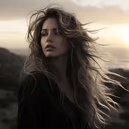 a woman with long hair stands near a mountain,a woman is posing with her hair in the air